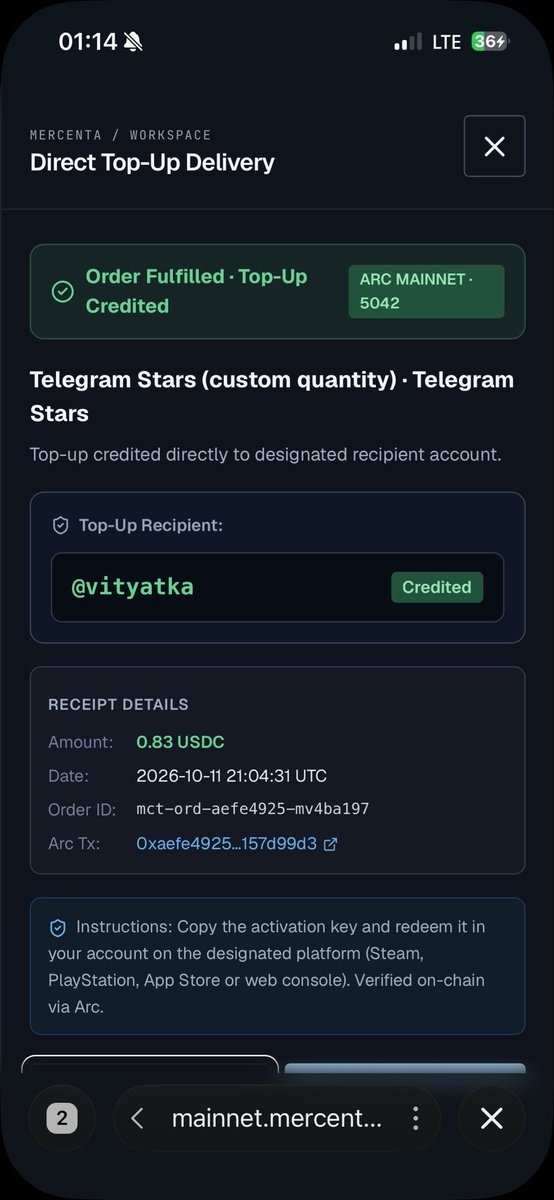 VICLOUD5's tweet photo. Tested out autonomous digital commerce on @Arc Mainnet with @mercentaxyz ⚡️

Picked up Telegram Stars using native $USDC. Stars were delivered to my Telegram account immediately.
This is how agentic checkout should feel https://t.co/9TxHEZ57ir