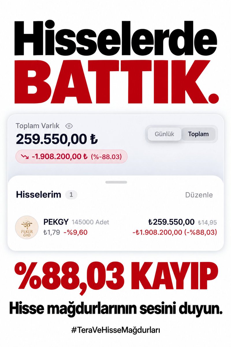 mrafinans's tweet photo. Şu mağduriyetin artık GÖRÜLMESİ LAZIM.

TÜRK BORSASI 26 HİSSEDE 1 AYDA %88 KAYBEDEBİLECEĞİN BİR YER DEĞİLDİR.

HİSSEDE 18 TABAN YİYEN KY KORUNMALI.

#terahisseleriaileleriyıktı
#TeraVeHisseMağdurları 
#terahisseleriocaksöndürdü https://t.co/7U8rje9mIe