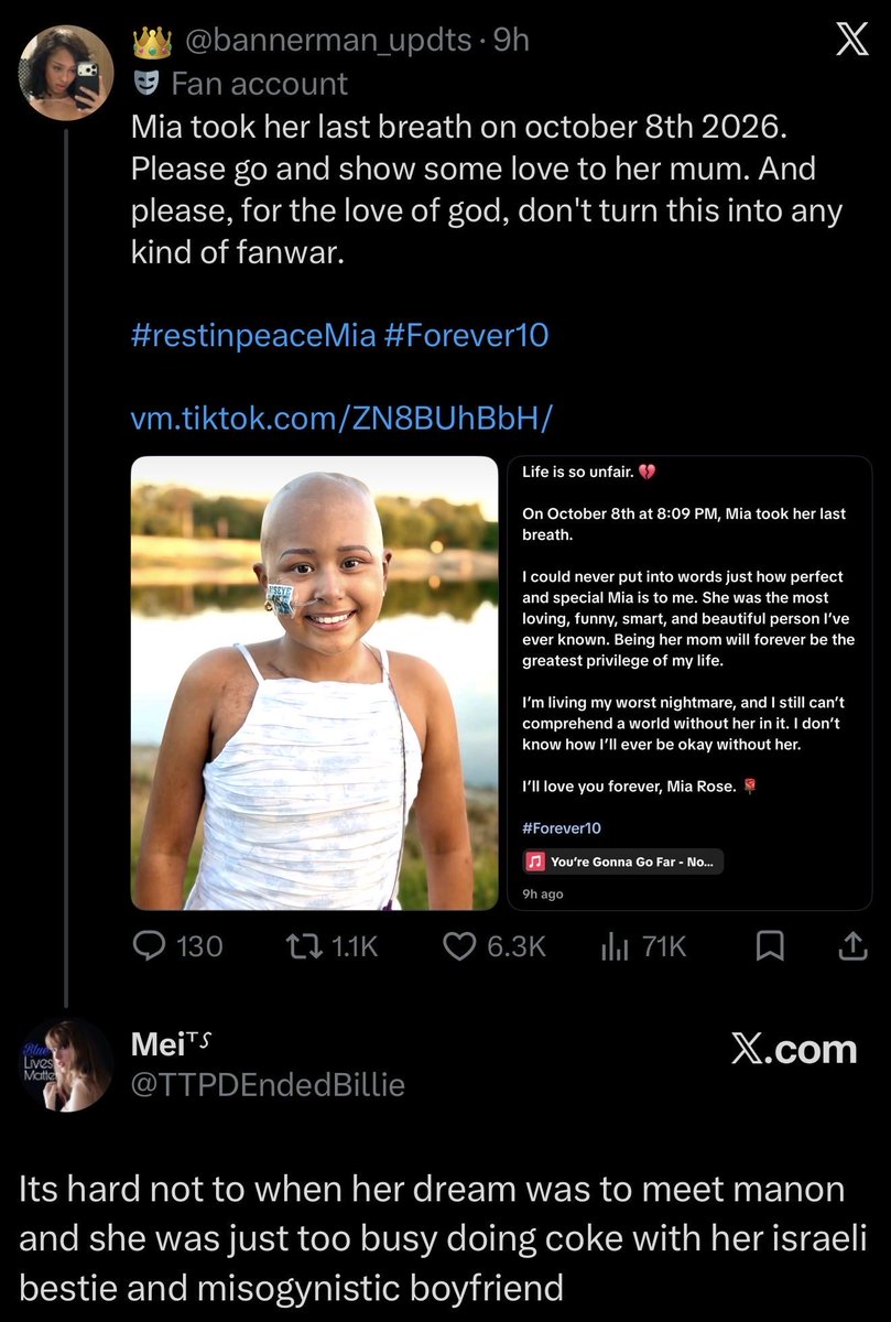 mistermanzanita's tweet photo. this makes me sick, we lost a beautiful soul that battled cancer and fought bravely and pushed through pain but unfortunatley she lost the battle and we lost this pure and kind hearted child, but yall turn this into hate, I send all my love to the family, Rest in Peace Mia❤️ https://t.co/sJUMrZl0MG