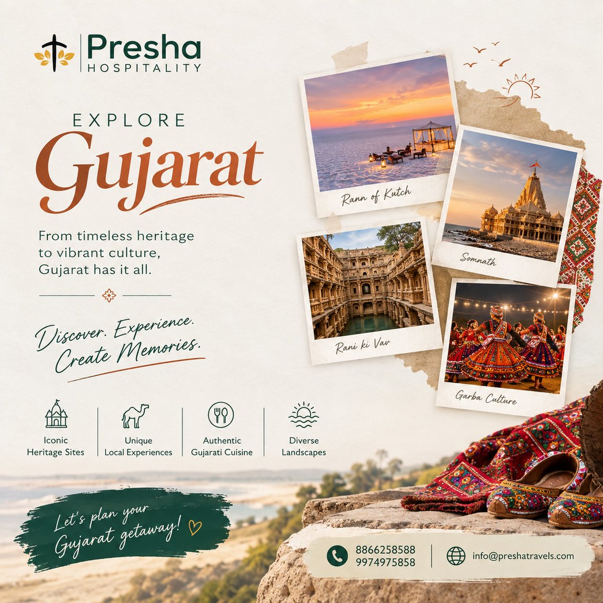 kingcontrol's tweet photo. Gujarat is more than a destination, it’s a feeling. From Kutch’s white landscapes and Patan’s heritage to Somnath’s shores and Garba’s colours, discover something new with Presha Hospitality. https://t.co/vqKEUFt6Uj