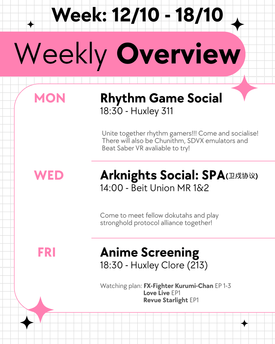 ic_animesoc's tweet photo. 🔔First weekly forecast of the year!🔔
Three sessions planned for week 12/10/26-18/10/26

We are open to suggestions for Wednesday socials, so come and tell us what you want!

Don't forget to join us on discord for newest updates!
🌲🌲🌲🌲🌲🌲🌲🌲🌲 https://t.co/Fi3F67Hdmf