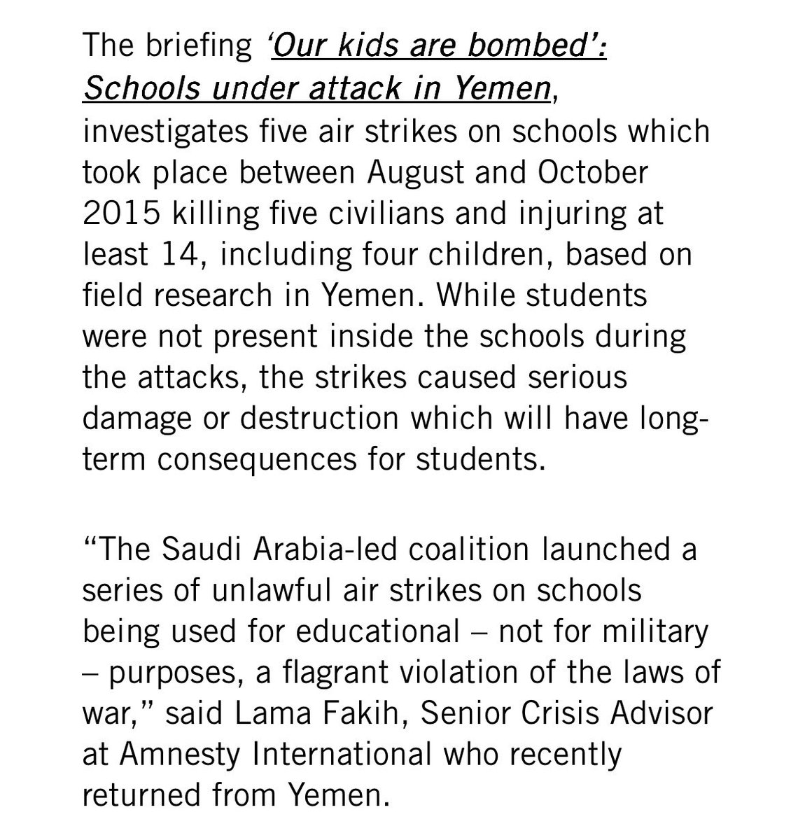 SanaSaeed's tweet photo. From Amnesty, 2015 — there is a very concerted effort, driven in large part by sectarianism among Arabic language media and journalists, to make us forget what the U.S.-backed Saudi-led coalition did to the children of Yemen. https://t.co/3vDQ0ItoB3