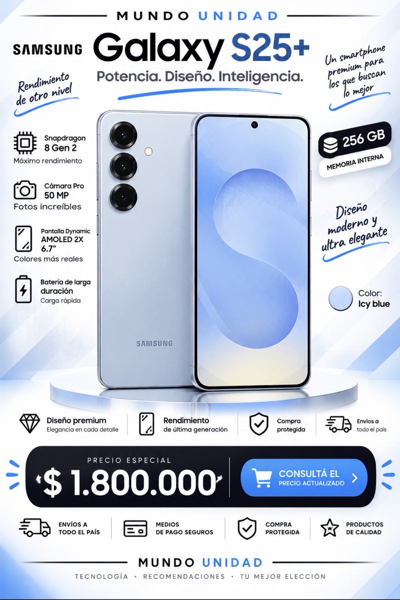 Manugartemendia's tweet photo. 🔥Samsung Galaxy S25 Plus (256GB / 12GB RAM) Icy Blue a $1.800.000 en 6 cuotas de $300.000, o $1.785.000 c/ cupón de descuento. Potencia máxima, pantalla AMOLED y el mejor rendimiento. 📱⚡

👉 https://t.co/z2BG5sBFKK

Más productos de Mundo Unidad:
https://t.co/BcZVrMXytA https://t.co/PfWF7avpLJ