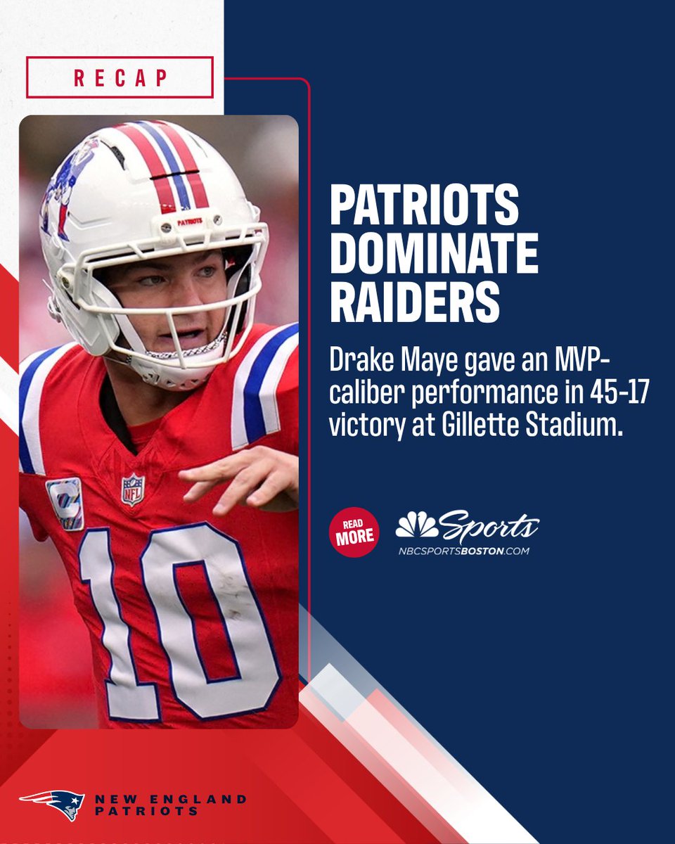NBCSBoston's tweet photo. Drake Maye gave one of the best performances of his career in the Patriots' 45-17 win over the Raiders. Check out our live blog for a full recap and complete postgame analysis 🔗 https://t.co/UIcB9ucudH https://t.co/3u9Lte5ueg