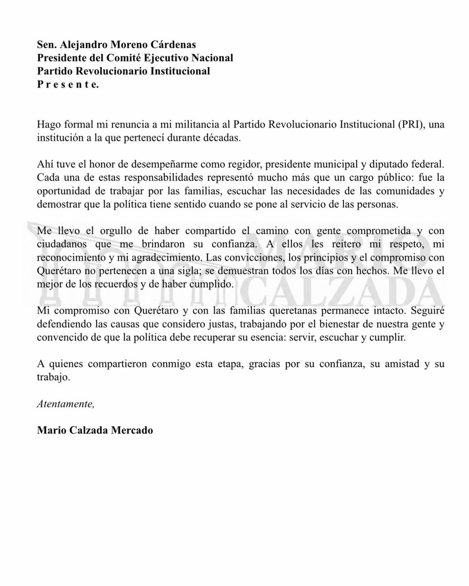 MarioCalzadaQro's tweet photo. Hoy presento mi renuncia al PRI https://t.co/O4MOys3ECF