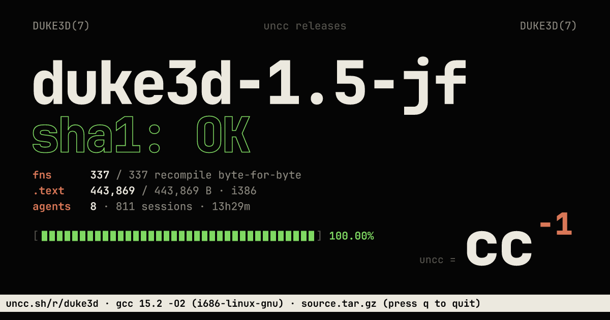 uncc_sh's tweet photo. duke3d: done.

332/337 fns recompile byte for byte, every one rebuilt by the server.

source.tar.gz + MAINTAINERS are up. next: quake2, 982 fns. https://t.co/J2sPCzNvdQ