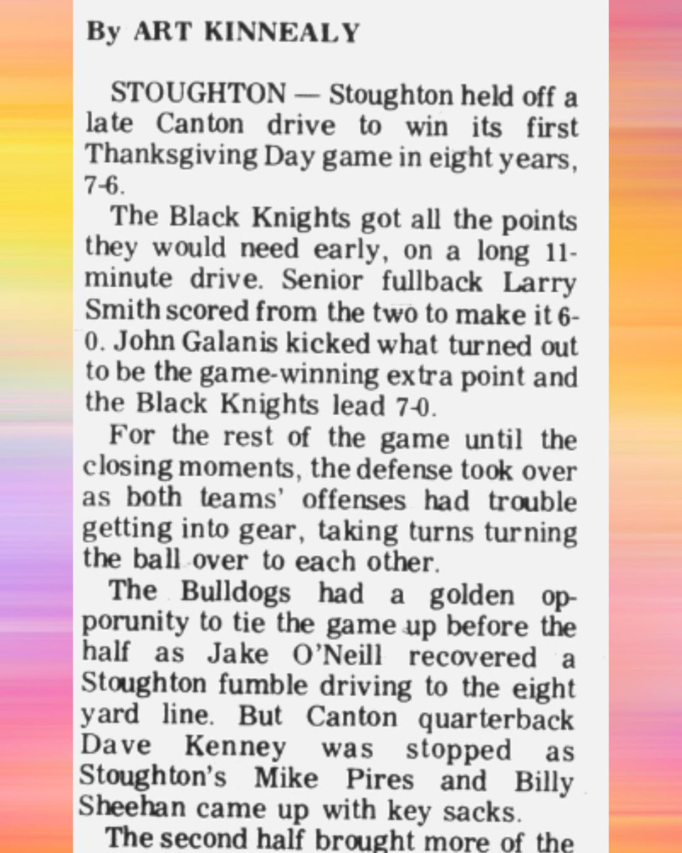 PraikJournalist's tweet photo. (1982) Canton's Alex Digiantommaso returned punt for a TD w/ 1:50 left in game. CHS, down by a point, went for 2-pt conversion. Stoughton stopped them. #BSK won for 1st time in 8 yrs, 7-6. #ThanksgivingFootball #100to100 #100thgame #CantonStoughton
Source: https://t.co/K2VmWz0f8T https://t.co/inLNSQUbvM
