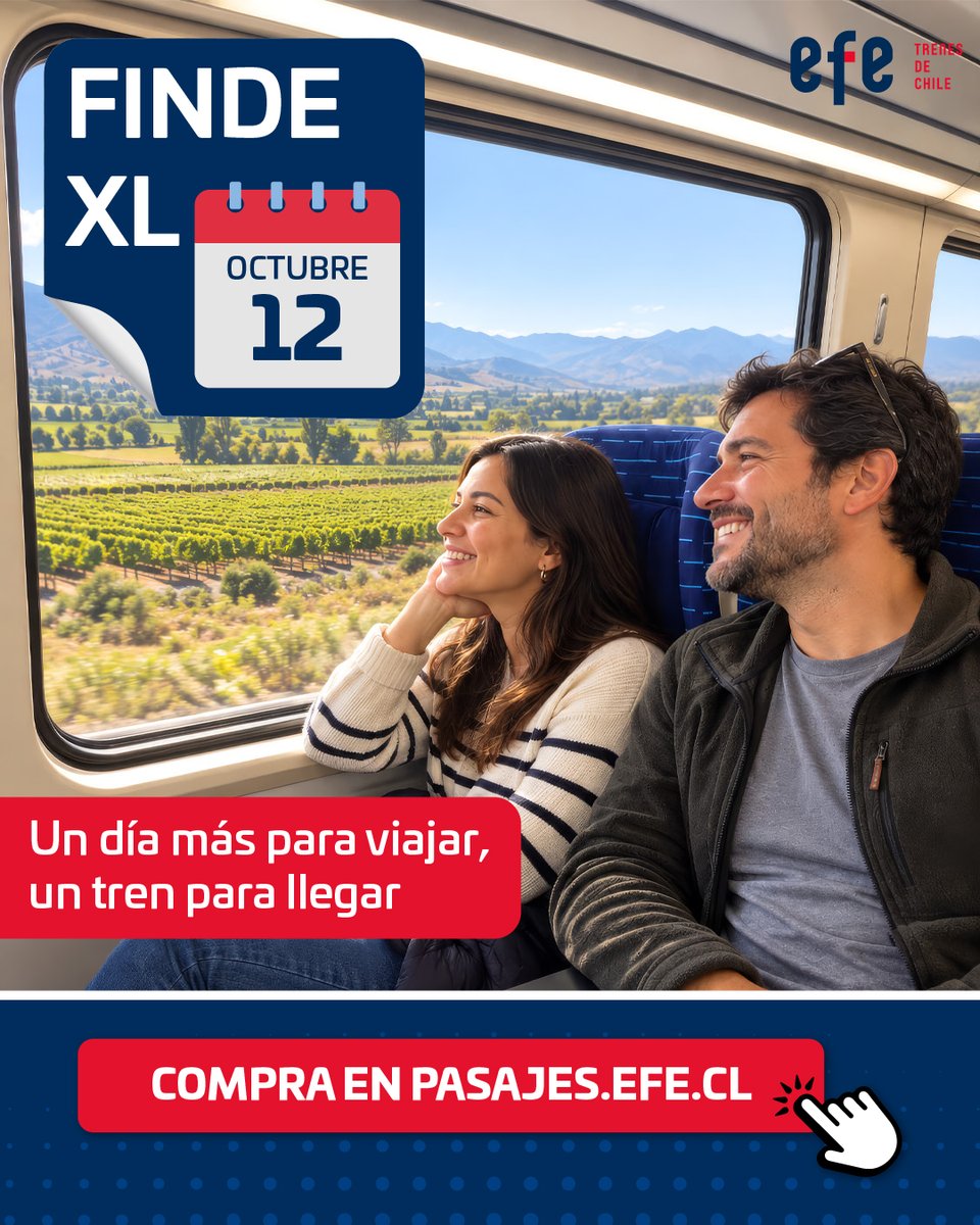 EFE_Chillan's tweet photo. ¿Familia, amigos o una escapada pendiente? Este fin de semana largo puede ser la oportunidad perfecta para viajar 🚆 Revisa los pasajes disponibles en https://t.co/IlvVu4Ln3q https://t.co/ehuuMG0ULN