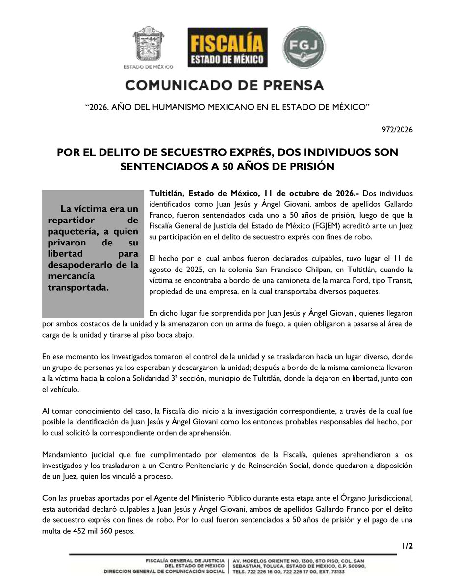 FiscaliaEdomex's tweet photo. #Sentenciados

Juan Jesús y Ángel Giovani, de apellidos Gallardo Franco, fueron sentenciados a 50 años de prisión, luego de que la #FiscalíaEdomex acreditó ante un Juez su participación en el delito de secuestro exprés con fines de robo. Los sentenciados desapoderaron a la víctima de mercancía.