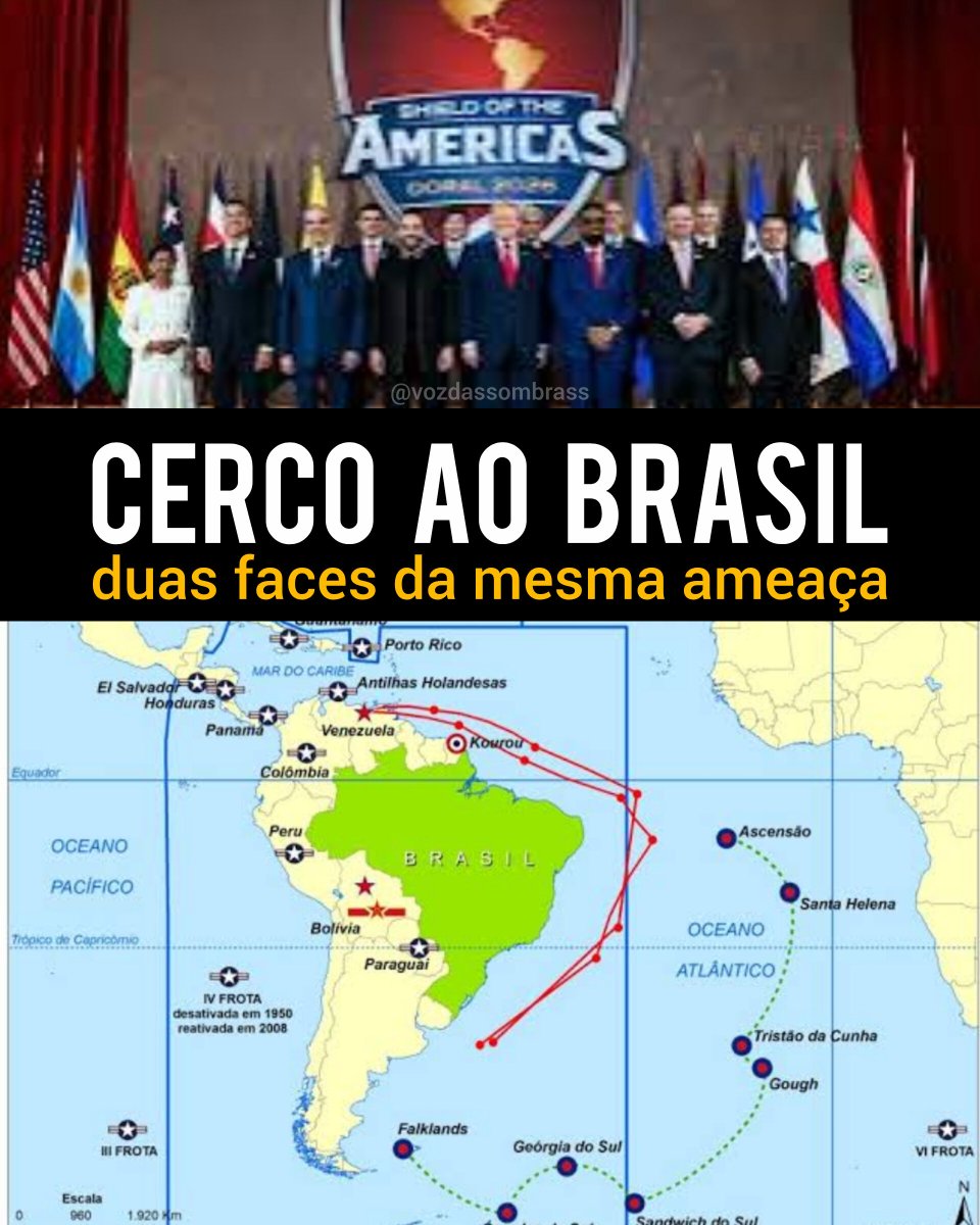 vozdassombrass's tweet photo. A iniciativa do Trump "escudo das Américas" é a continuação do cerco imposto, pelas bases da OTAN, ao Brasil.

Sem visão estratégica, políticos apoiam essa operação que põe em risco a nossa integridade territorial. Boa parte do público comete o mesmo erro. https://t.co/2sdSfRVkJV