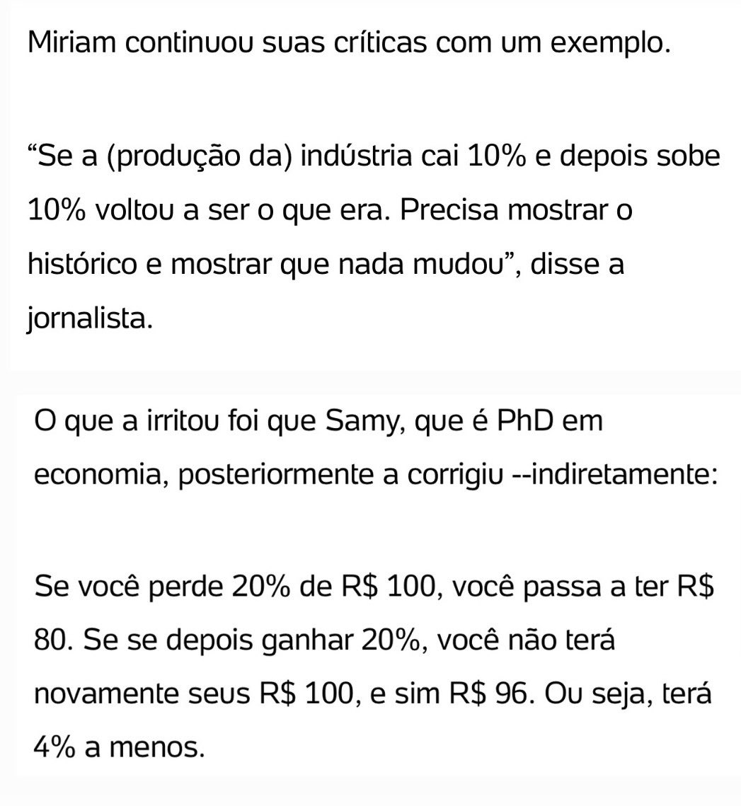 renatajbarreto's tweet photo. @miriamleitao Disse a pessoa que não sabe que se algo cai 10% precisa subir 11,11% pra voltar a ser o que era https://t.co/JJ6nvAm7Ox