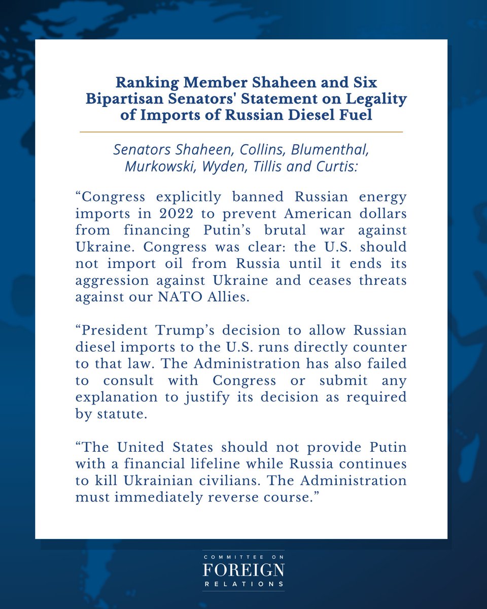 OstapYarysh's tweet photo. Seven U.S. senators - three Democrats and four Republicans - called President Trump’s decision to allow Russian diesel imports into the U.S. illegal.

“Congress explicitly banned Russian energy imports in 2022 to prevent American dollars from financing Putin’s brutal war against Ukraine ... The decision to allow Russian diesel imports into the U.S. runs directly counter to that law.”

Signatories: @SenatorShaheen (D-NH), @SenatorCollins (R-ME), @SenBlumenthal (D-CT), @lisamurkowski (R-AK), @RonWyden (D-OR), @SenThomTillis (R-NC), and @SenJohnCurtis (R-UT).