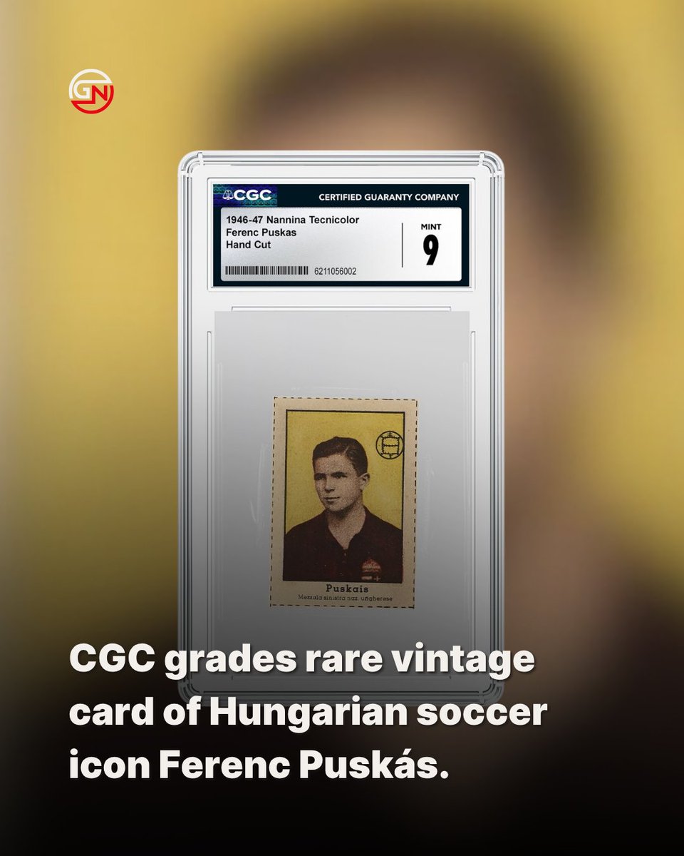 GlobalNostalgia's tweet photo. CGC has graded a rare vintage card of Hungarian soccer icon Ferenc Puskás. ⚽
This 1946-47 Nannina Tecnicolor hand-cut is the only one graded CGC 9, the highest grade ever registered. What other rare vintage piece would you put on this level? 👇
#SportsCard #Soccer #Puskas #cgc https://t.co/c9pimfHlIL