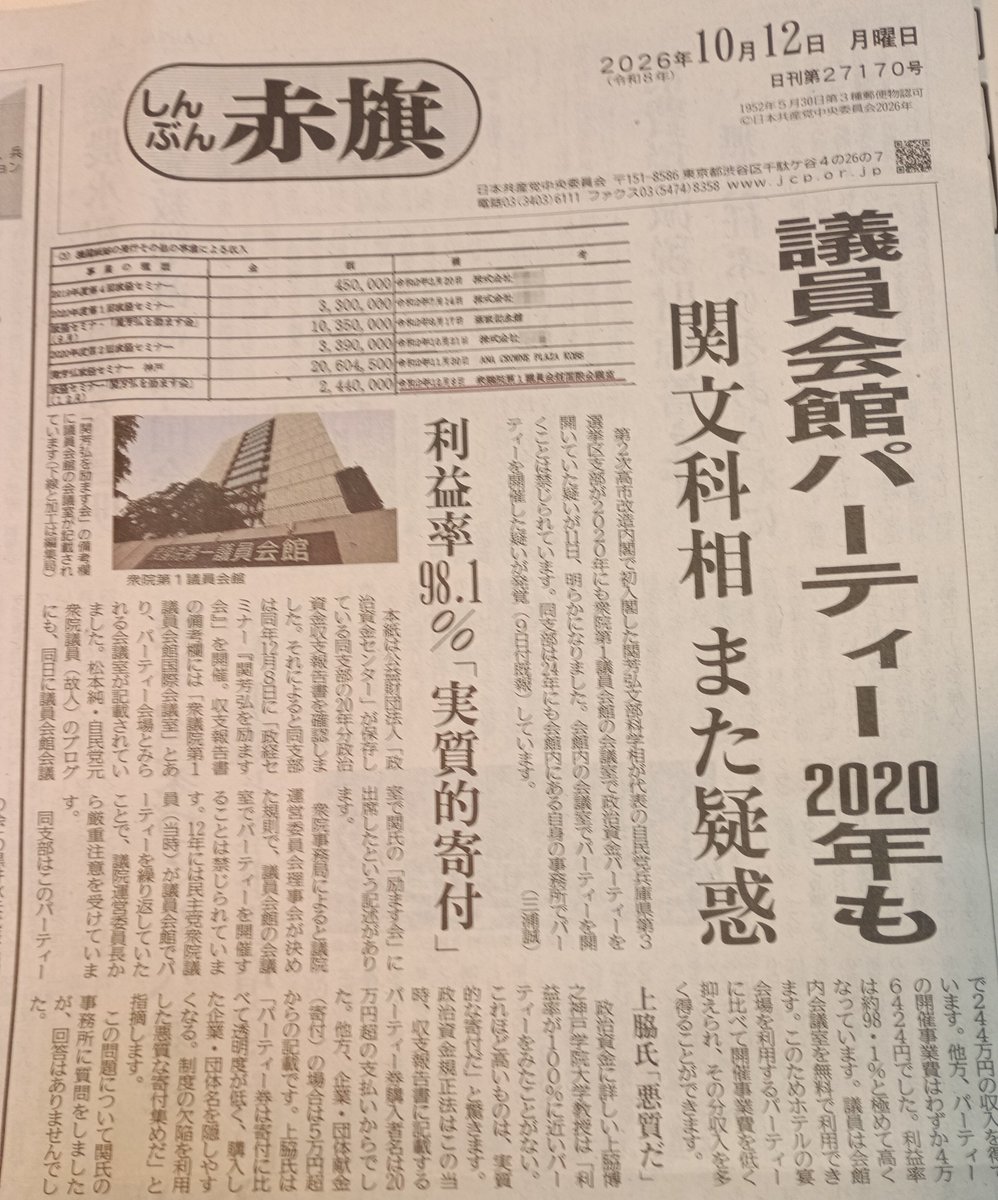 shiikazuo's tweet photo. またも発覚した禁止されている議員会館でのパーティーでカネ集め。こんなことを繰り返している人物が、どうして子どもたちに教育を語れるか？
大臣の資格なし。 https://t.co/JYw89vx0nA