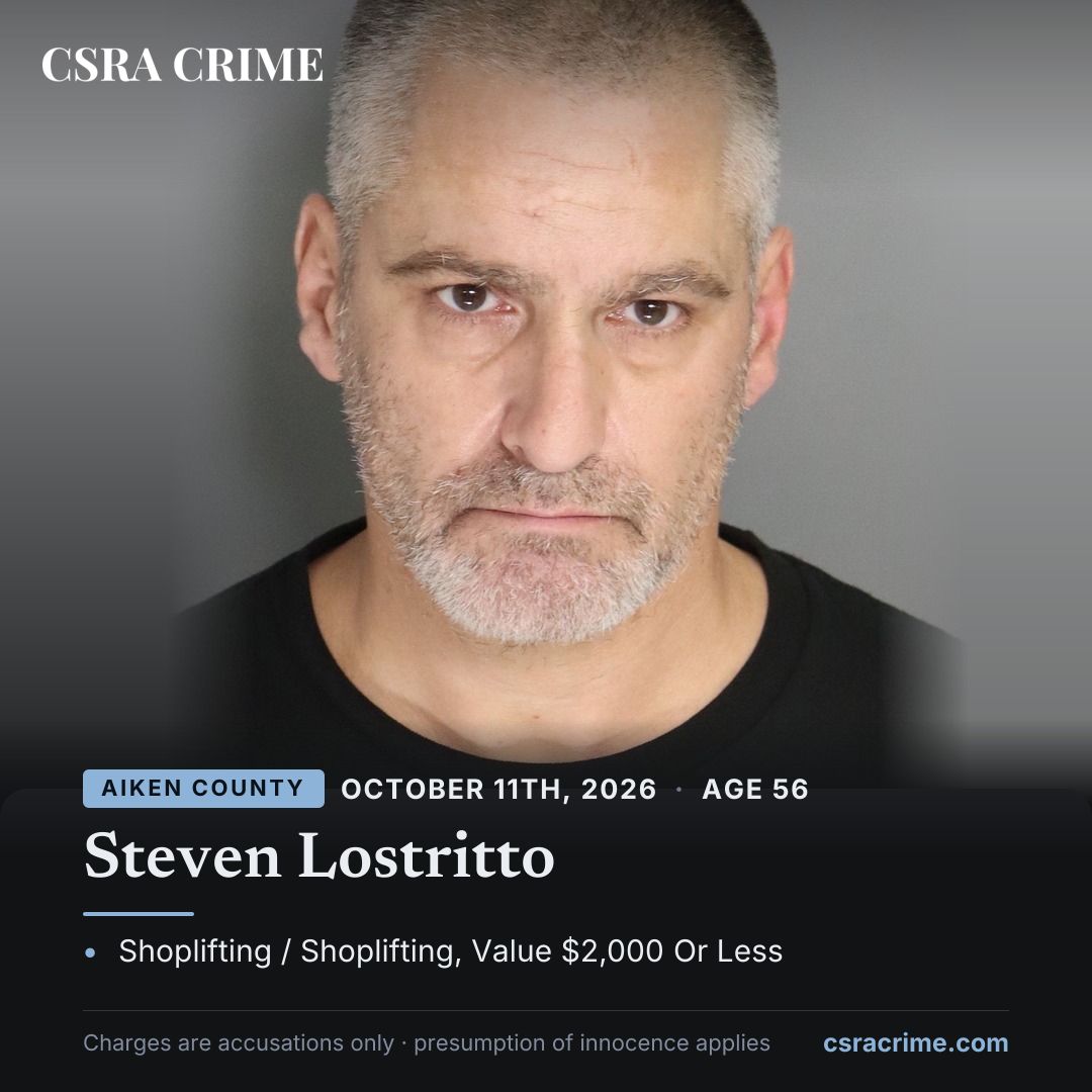 csracrime's tweet photo. Arrest in Aiken County: Steven Lostritto. He was booked on a shoplifting charge, shoplifting, value $2,000 or less. Presumption of innocence applies.

#CSRACrime #Aiken

https://t.co/9RUWcz1xsn https://t.co/boJwCuEvfR