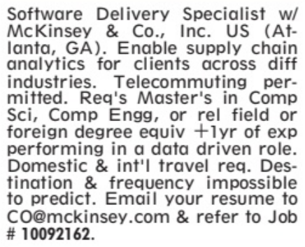 JobsNowPR's tweet photo. Why is Mckinsey advertising this "software specialist" job in this week's Gwinett Post, but not on their online job board?

Are they planning to file visa applications claiming they can't find any Americans with an MS in CS and 1 year of experience to work a remote job? https://t.co/k5FI7UkKCn