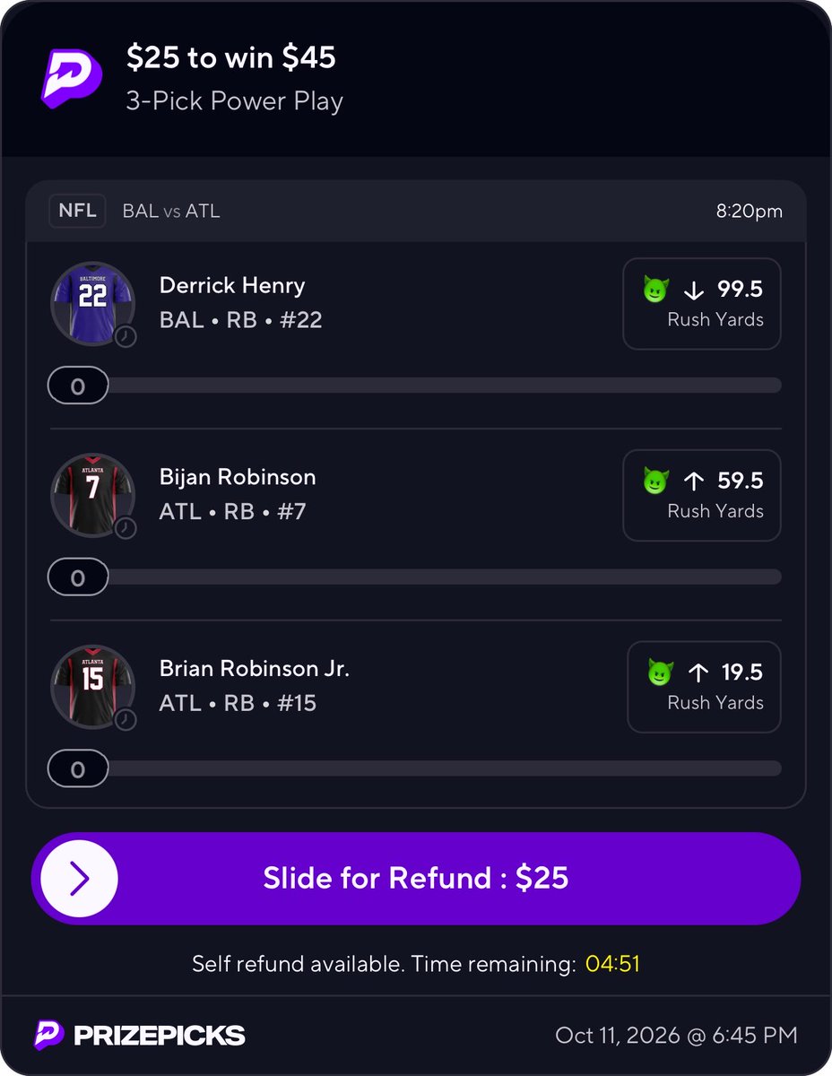 IzeeTheProd's tweet photo. Sunday Night Football rushing lock 🔒📈

Riding with Derrick Henry to stay under the high mark
while backing Bijan Robinson and Brian Robinson Jr. to clear their rush lines for tonight's game.  

Who are you locking in for tonight? 

Drop your favorite picks or tail below! 👇 https://t.co/In3VinVHYH