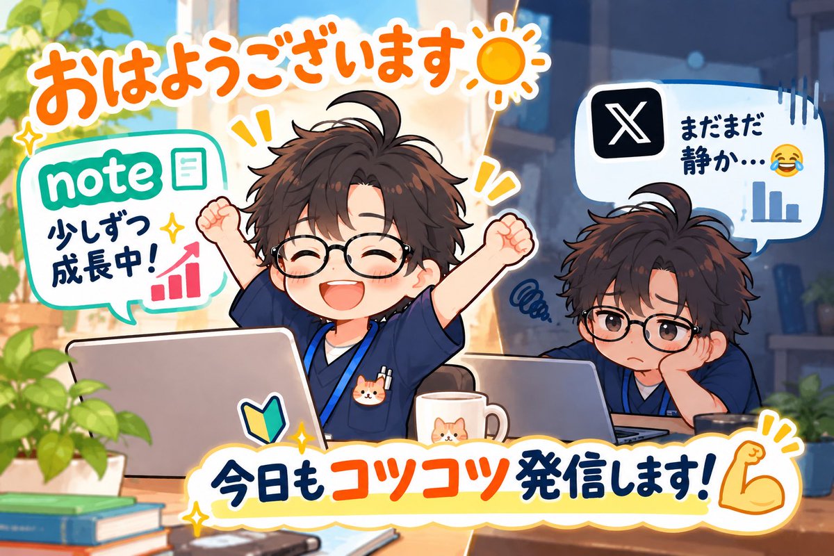 isachi_ai's tweet photo. おはようございます☀️

noteを始めて3日目！
少しずつフォロワーさんが増えてきました😊

一方、Xは…
びっくりするくらい静かです😂

でも、最初はこんなものですよね！

今日も仕事を頑張りつつ、コツコツ発信します💪

副業や発信を頑張っている方、一緒に頑張りましょう！

#副業初心者 #AI副業 https://t.co/Ql8myS60i0