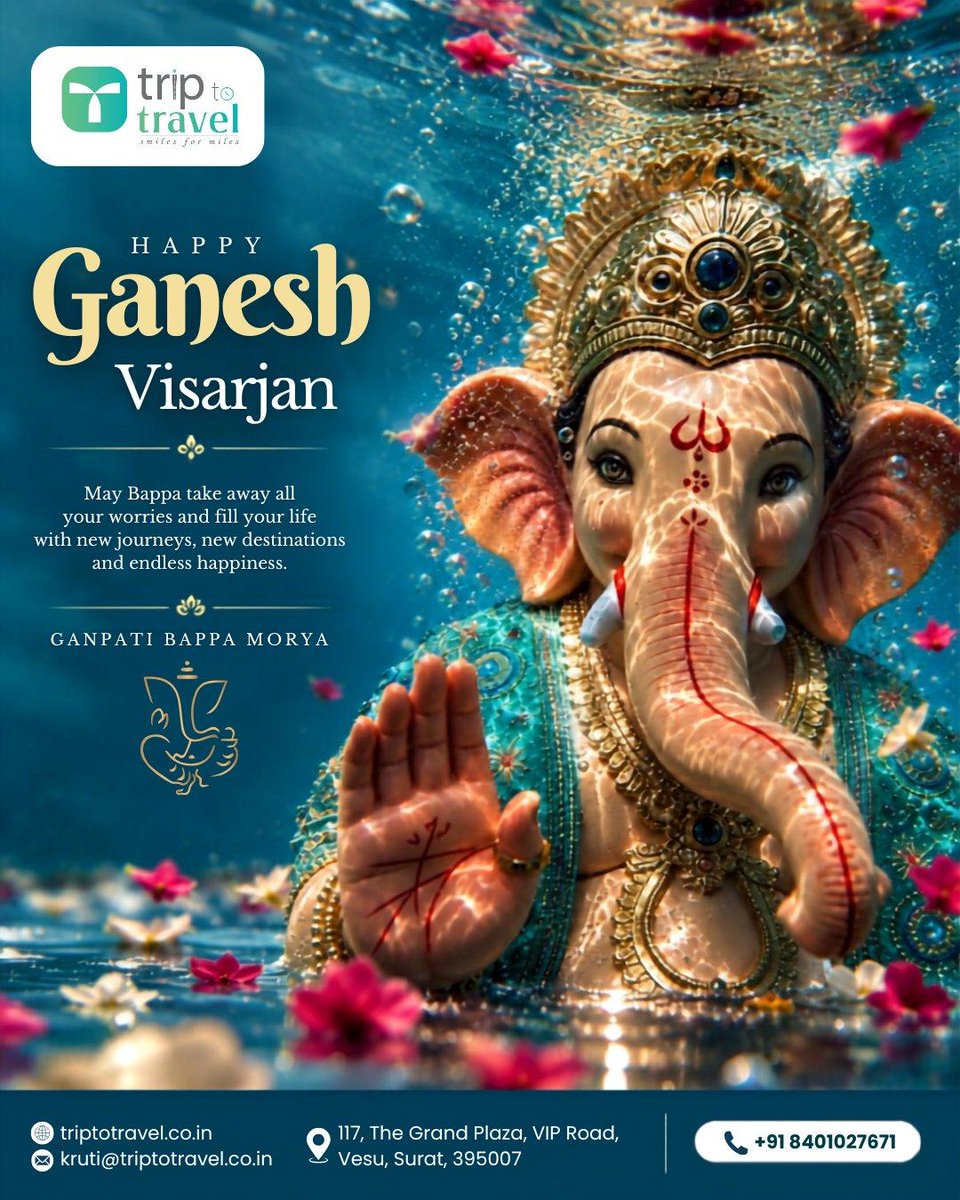 saraarbd's tweet photo. Happy Ganesh Visarjan! As we bid farewell to Bappa, may Lord Ganesha remove your worries and bless every journey with happiness, peace, prosperity and unforgettable memories. Ganpati Bappa Morya! https://t.co/D6JsUO4ctL