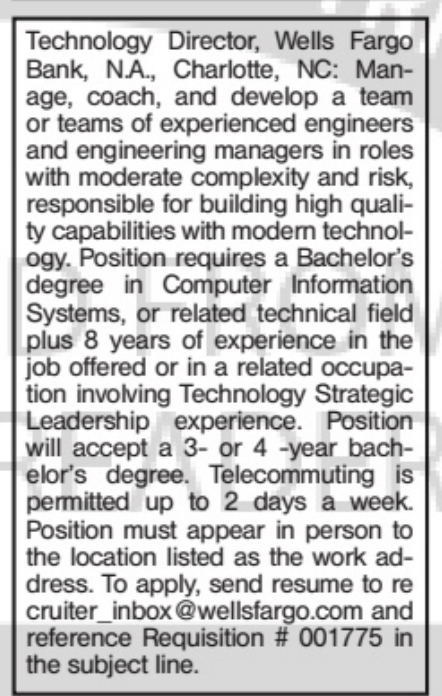 JobsNowPR's tweet photo. Why is Wells Fargo running classified ads for this technology director job in Charlotte, but didn't post it on its career website?

Do they not want American applicants to know this job is available? https://t.co/V3d8Di0i2V