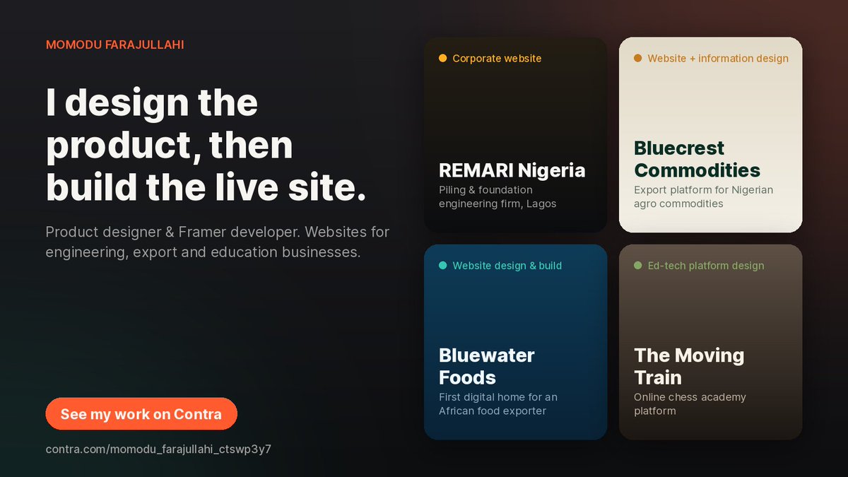 farajpro's tweet photo. I design the product, then build the live site.

No handoff. No developer waiting on my Figma file.

Recent work: a piling firm in Lagos, an agro-export platform, a food exporter, an online chess academy.

My work on Contra 
https://t.co/V8j3LBrfnB
#włoskarobota #brøndby #design https://t.co/p4aIDiJyEG