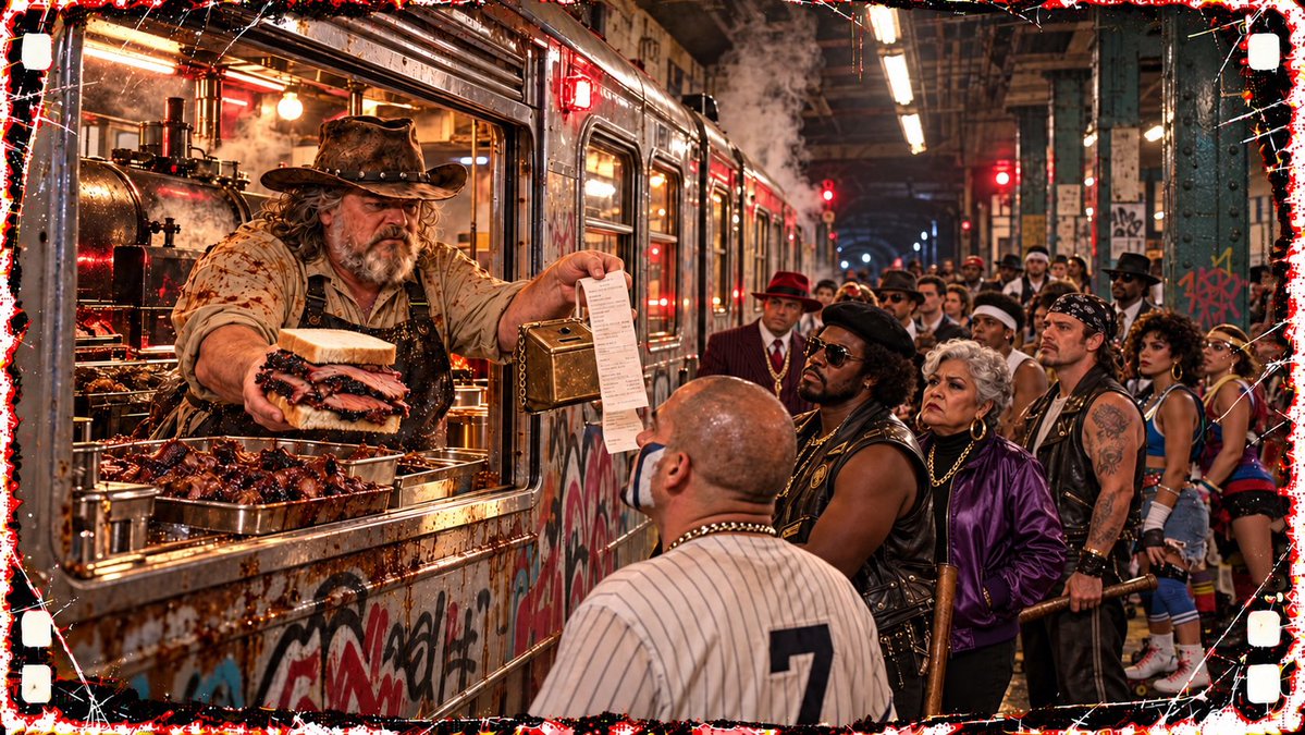 hansgruberhitit's tweet photo. New York J.T. sells a thirty-eight dollar brisket sandwich with no sides. Earl invalidates Snake's warrant because its jurisdiction doesn't exist yet.
Call me Snake. He does. I don't.
#GrindhouseVerse #CherryDarling #EscapeFromNewYork https://t.co/Dhy6bOsPEn