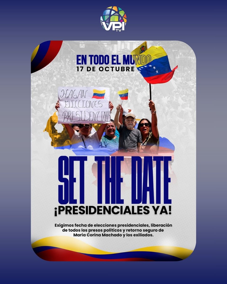 VPITV's tweet photo. 🔵El moviento político Vente Venezuela convocó para este 17 de octubre a movilizaciones globales bajo el lema #SheTheDate.
Las concentraciones se llevarán a cabo en ciudades de Europa y América para exigir la fijación de elecciones presidenciales, la liberación de presos políticos y el retorno seguro de María Corina Machado.
Estos serían los países ⬇️ :
🇪🇸 Valencia (España), Plaza de La Virgen
🇪🇨 Quito (Ecuador), Parque la Alameda
🇨🇦´Ottawa (Canadá), Monumento canadiense en tributo a los #DDHH
🇦🇷 Buenos Aires (Argentina), Obelisco
🇦🇷 Mendoza (Argentina), Parque Central a la altura de la Laguna
🇳🇴 Oslo (Noruega), Stortinget, Karl Johans GT, 22.
🇨🇦 Toronto (Canadá), Queen’s Park, 110 Wellesley Street. Estatua del rey Edward VII
🇨🇴 Bogotá (Colombia), Plaza Bolívar
🇪🇨 Guayaquil (Ecuador), Escalera Las Peñas
🇺🇾 Montevideo (Uruguay), Plaza Independencia