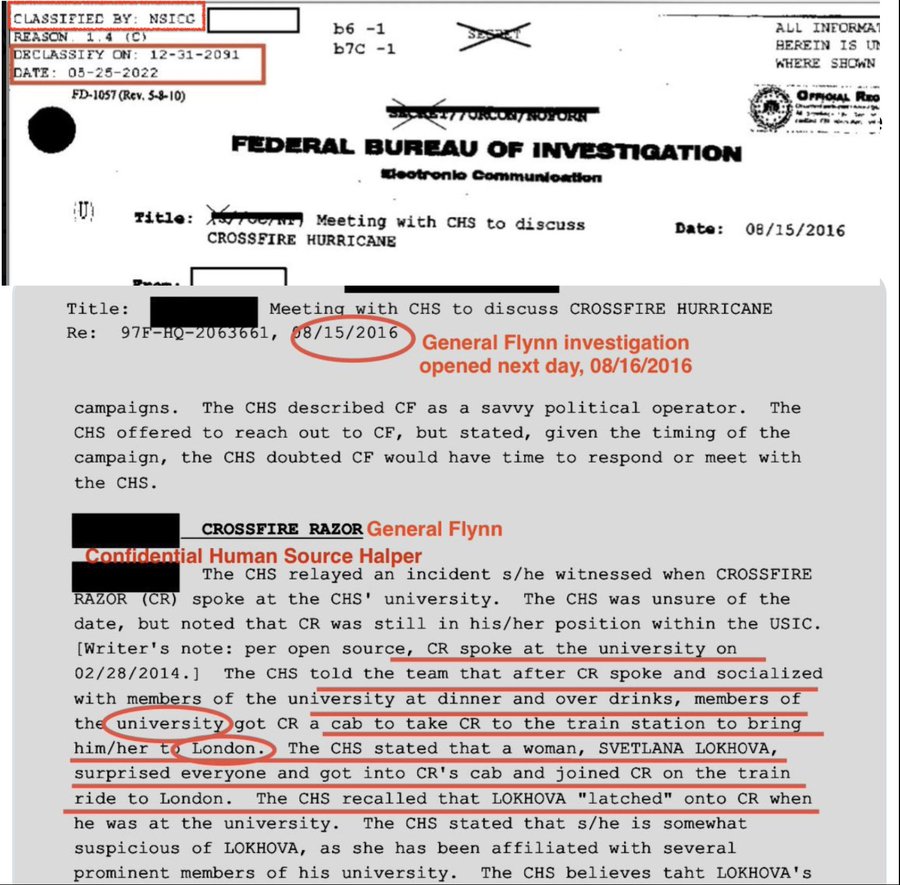 RealSLokhova's tweet photo. They are lying to you. The documents that Obama's henchmen took when they raided President Trump's home Mar-a-Lago is the evidence of their own crimes. 

Here is the most important document, which Monaco and co secretly and retroactively re-classified few weeks before the Raid. It shows that Brennan's CIA operative masquerading as a "Cambridge University Professor" lied that I am a Russian spy who recruited Donald Trump's National Security Advisor. That kicked off the whole Crossfire Hurricane investigation of the senior Trump campaign advisor, then leading into Mueller etc. 

So they stole the documents and charged President Trump under the Espionage Act for exposing Obama, Brennan, Comey and co.