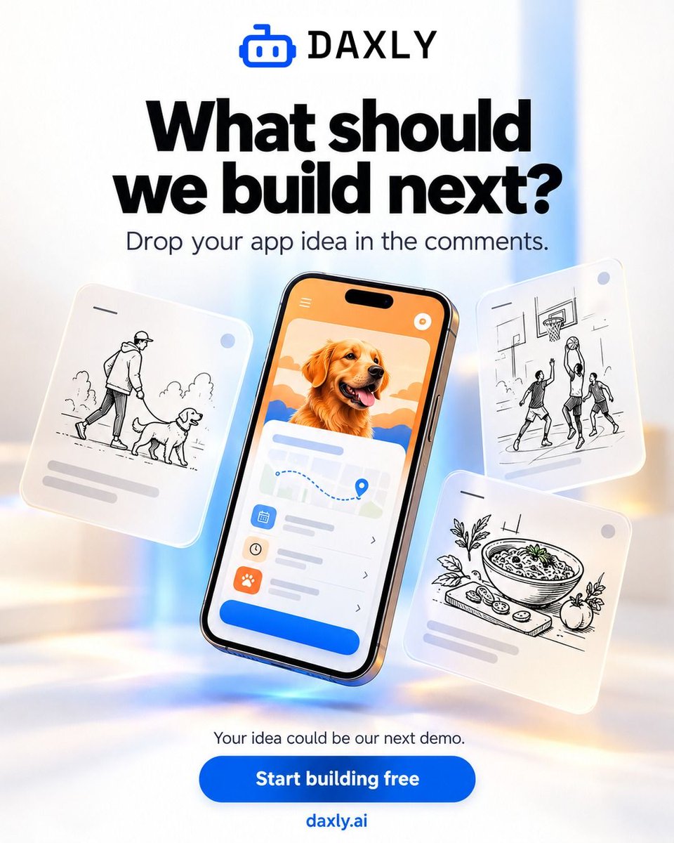 Daxlyai's tweet photo. Three sketches on screen: walking a dog, a pickup basketball game, a meal prep session. One of them gets built as the next demo. Which one, and what would it need to do?

Build it at https://t.co/0CK6P1yTvY https://t.co/xNaZ2MEdxV