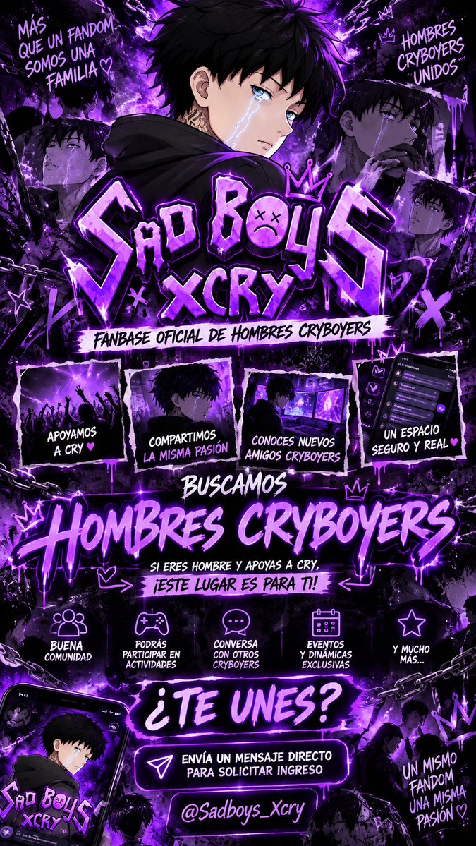 Serch190394's tweet photo. 🚨 ¡ATENCIÓN, HOMBRES CRYBOYERS! 🖤👽

¿Eres hombre, apoyas a Cry y quieres conocer a otros chicos que comparten esta misma pasión? ¡Entonces SADBOYS XCRY te está buscando! 🔥

Somos más que una fanbase: queremos crear una comunidad de amistad, apoyo, convivencia y buenos momentos unidos por nuestro cariño a Cry. 🖤👽🖤

¿Te gustaría formar parte de esta familia? ¡Este es tu lugar! 👽👽

📩 Envíanos DM para solicitar tu ingreso. Con @Sadboys_Xcry
@yisusnoriega o a mi 

SADBOYS XCRY: una misma pasión, una misma familia. 🖤👽