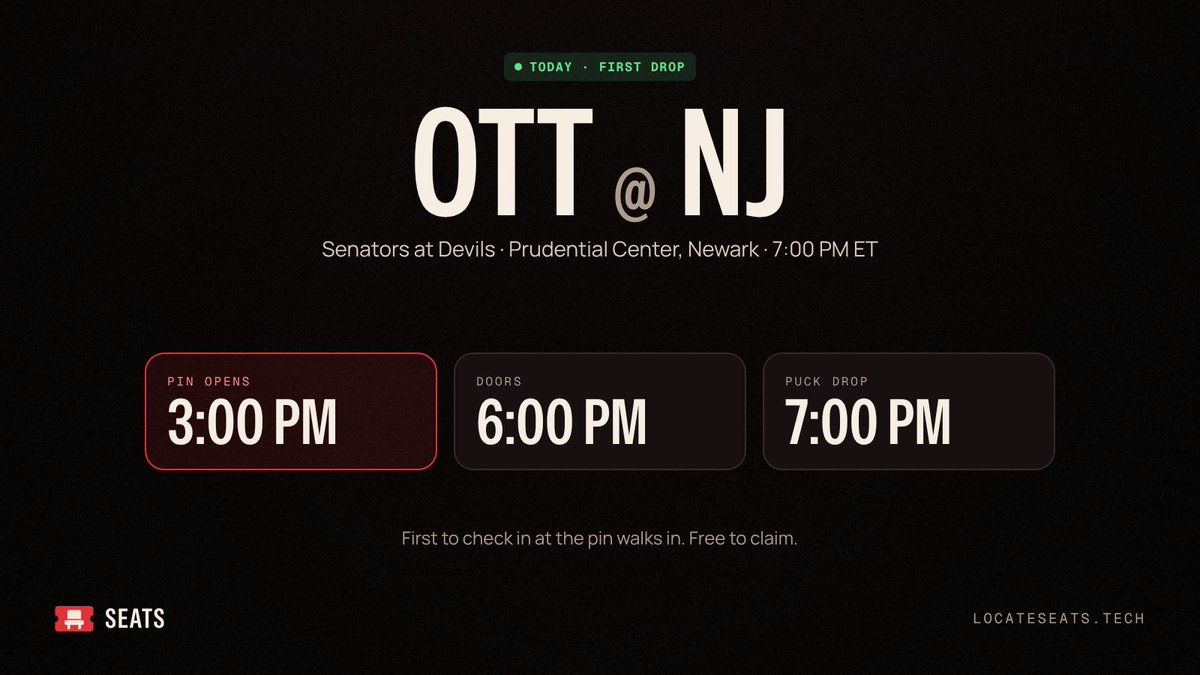 enjoyseats's tweet photo. First drop is today.

Senators at Devils, Prudential Center, Newark.
Pin opens 3:00 PM ET. Doors at 6. Puck drop at 7.
First to check in at the pin walks in. Free to claim. https://t.co/FzZnG5A3S2
