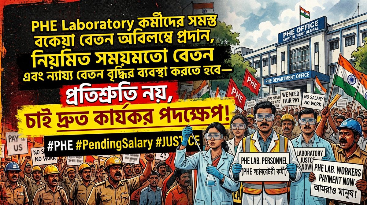 PheLabWorker's tweet photo. PHE Laboratory কর্মীদের সমস্ত বকেয়া বেতন অবিলম্বে প্রদান, নিয়মিত সময়মতো বেতন এবং ন্যায্য বেতন বৃদ্ধির ব্যবস্থা করতে হবে—প্রতিশ্রুতি নয়, চাই দ্রুত কার্যকর পদক্ষেপ! #PHE #PendingSalary #PHE #PendingSalary #justice
@SuvenduWB @DrSukantaBJP @narendramodi https://t.co/UhXRuUHrJb