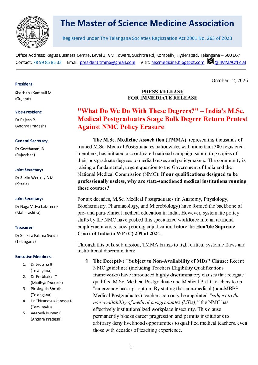 TMMAOfficial's tweet photo. 🗞️ Press Release 

🪧🎓MSc Medical Postgraduates Bulk Degree Return Protest Against NMC Policy Erasure

@the_hindu @htTweets @ANI @PTI_News @IndianExpress @timesofindia @MoHFW_INDIA @NMC_BHARAT @JPNadda @PMOIndia @narendramodi @NITIAayog @EduMinOfIndia @RemaNagarajan @IndJMedEthics @sakie339 @BShajan @Xpress_edex @kambali @rashtrapatibhvn @aiims_newdelhi @pgichd @MAHE_Manipal  

#MedX #PressRelease #TMMATheTruth #MScMedicalPostgraduates