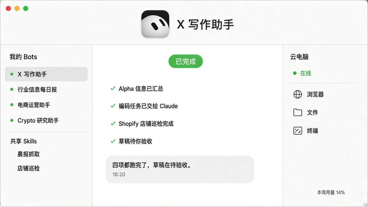 hardriver's tweet photo. 这几天把 Codex 和 Grok Bot 搭在一起跑，基本就是得到一个 7×24 小时毫无怨言的数字牛马🤑

Codex（ChatGPT）—— 负责框架、逻辑、思路，设计分工，本地执行，把本地技能和知识库接进工作流。

Grok Bot —— 负责信息收集、监控、整合，以及云端执行。它跑在自己的云电脑上，浏览器、文件、终端都有，笔记本合上它还在跑。

───

在以前的工作操作里，单用哪一个都差点意思：

• 单用 Codex，框架清楚，但没人 24 小时盯着，也没法一直在云端跑；而且老担心它乱用本机权限，误删东西；

• 单用 Grok Bot，能盯能跑，但缺本地知识库和整套分工设计；智能程度、编程深度，也确实比不上 Claude 这类专业模型；

搭在一起，天生互补。

按活还能往外调。马斯克也提过，Grok Bot 可以按任务去调最好的后端——编程用 Codex，架构设计用 Claude，图片找 Midjourney，音乐找 Suno；电商运营管理，也可以接 Shopify 插件这类店铺工具。常用连接器装上之后，流程顺，关键是不怎么烧 token。

专业垂直的事，就找最好的大模型，或最好用的工具。有点像苹果当年——手机、触摸屏都不是它发明的，它把别人已经厉害的东西拼在一起。Grok Bot 也在走这条路：自己不强求样样第一。

───

团队专业化管理这边，最妙的地方就是能把团队经验和教训能沉淀下来给全部人所用，不是某一个岗位和人独享，或带走。

一个账号下可以开很多个 Bot。不同员工、不同电脑，各管一块业务，各用各的 Bot。但 Bot 之间的信息、经验、踩过的坑、跑通的玩法，都能互相引用。A 摸出来的打法，B 的 Bot 直接拿来用。

这些都沉在公司账号里。哪天有人离职，经验也不会跟着走，还是公司的资产。

───

方法也不复杂：

先从真实、重复、能验收的工作业务流里拆出岗位  → 跑通的方法沉淀成 Skill → 再用定时任务、连接器、云电脑、本地文件授权和 Bot 间交接，串成一套能长期跑的工作流。

做自媒体的、做墙内外信息搬运变现的、做电商的，这套玩法尤其合适。

现状：
框架刚跑顺，很多技能还在打磨。电商侧基本能跑通了；加密货币投研和 Alpha 信息收集这块，还在继续磨。

但是原来每周末操作和切换几十个 polymarket 账号的事情，安全配置好私钥后，现在只需要固定格式的一句话，其他grok bot全搞定。舒服

真实感受：

大道致远，Bot 行不怠。终于不用一个窗口一个窗口地喂 AI 了🤓

第一代人工智能是告诉它该做什么，下一代人工智能的核心应该是告诉它应该拥有什么。