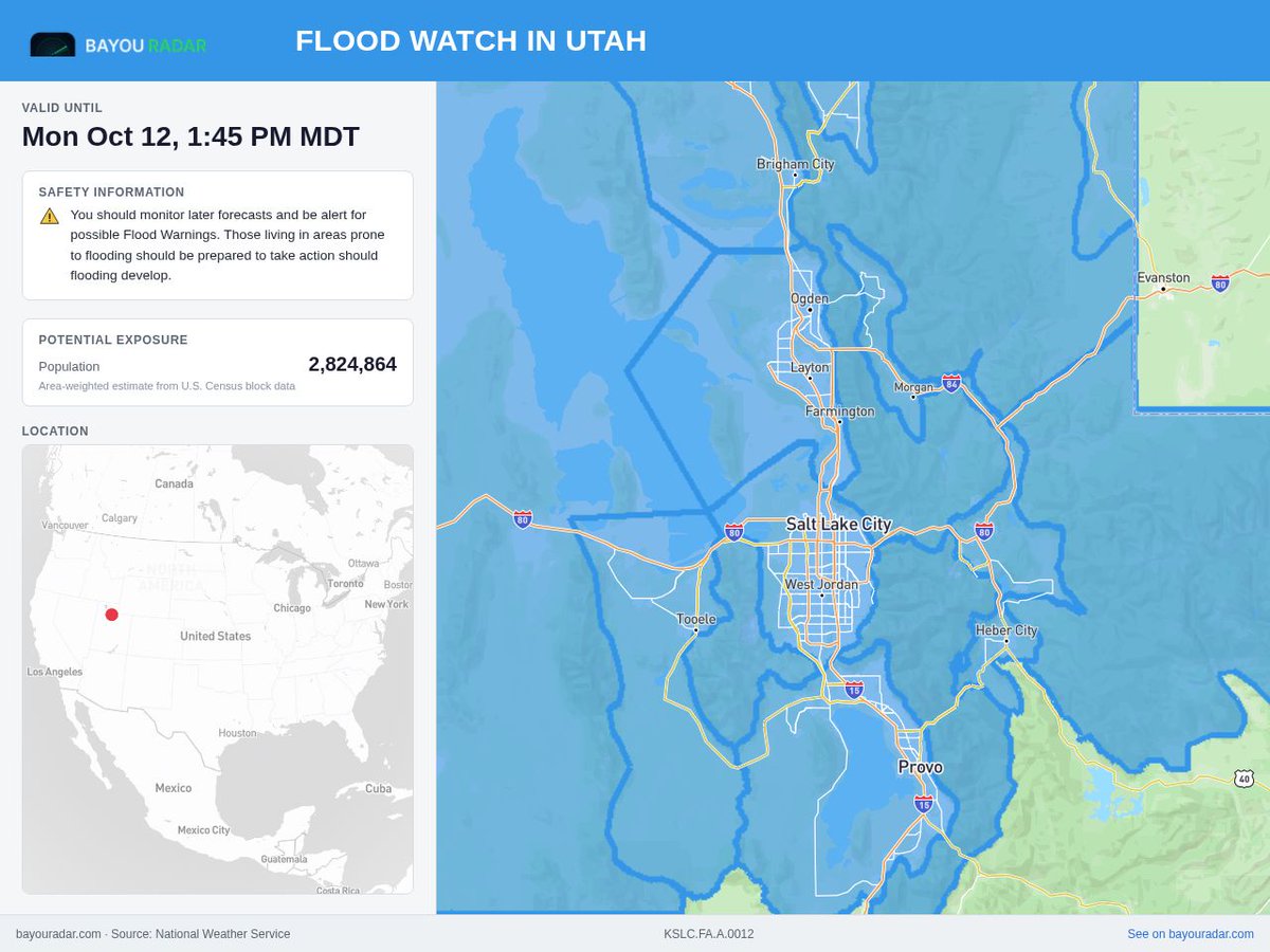 BayouRadar's tweet photo. Flood Watch

Flood Watch issued October 11 at 10:35PM MDT until October 12 at 6:00PM MDT by NWS Salt Lake City UT

Areas: Great Salt Lake Desert and Mountains, Tooele and Rush Valleys, Eastern Box Elder County, Northern Wasatch Front, Salt...
https://t.co/oiHXLGU1fT https://t.co/5q0SMSZIaH