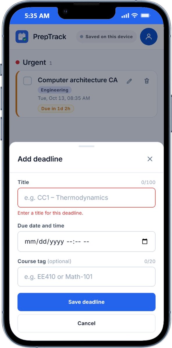 devlemnsa's tweet photo. Preptrack mobile first

Add a deadline ✅
Edit✅
Undo ✅
Moving ahead to the crud, supabase and other features loading! https://t.co/sp3dltjbTw