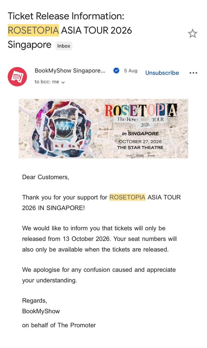 jungshecas's tweet photo. WTS: ROSETOPIA ASIA TOUR 2026 in SINGAPORE
1x diamond ticket section A @ S$336 for the Rose in Singapore on 27 October 2026. 

DM me if interested! #theroseinSG #theroseinsingapore #rosetopia
#ROSETOPIA_in_Singapore https://t.co/OfbLqDChPa