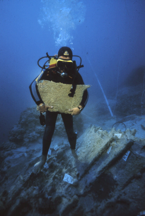 AncientHistorry's tweet photo. In 1982, a young Turkish sponge diver named Mehmet Cakir came up from a dive off the southern coast of Turkey and told his captain he'd seen "metal biscuits with ears" on the seafloor.

The captain knew archaeologists had been showing sponge divers drawings of ancient finds and asking them to report anything they saw. So he reported it.

Those "biscuits" were copper ingots, cast in a flat shape with handles at the corners. They had been sitting on the bottom for about 3,300 years.

It was the Uluburun shipwreck, and it's one of the most important finds ever made from the Bronze Age.

Over the next decade, divers made more than 22,000 dives to excavate it, working as deep as 200 feet. What they brought up was a snapshot of the entire ancient world at once.

About 10 tons of copper and about 1 ton of tin. That's not random. Mix copper and tin at roughly ten to one and you get bronze. This ship was carrying the raw material for an army's worth of weapons and armor.

But there was much more. Ingots of cobalt blue glass. Elephant tusks and hippo teeth for ivory. African ebony. Ostrich eggs. Amber from the Baltic. Jars of resin used for incense. Gold jewelry. Swords and daggers from several different cultures.

The cargo came from Egypt, Canaan, Cyprus, Mycenaean Greece, Mesopotamia, and beyond. One ship, carrying pieces of half the known world.

There was also a gold scarab with the name of Nefertiti on it, the Egyptian queen.

And there was a small hinged wooden writing board. Its two leaves would have held wax you could write on. The wax was long gone. But it's one of the oldest examples ever found of the form that would eventually become the book.

Nobody knows who owned the cargo. Some think it was a royal shipment, a gift from one king to another. The ship sank around 1300 BC.

About a century later, the whole Bronze Age world fell apart. Kingdoms collapsed, cities burned, and trade networks like this one disappeared.

That makes Uluburun a picture of something that was about to vanish. The ancient world at its most connected, sitting at the bottom of the sea.