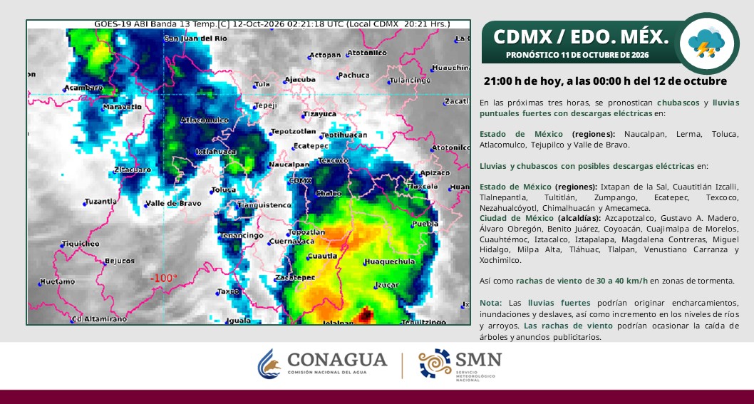 conagua_clima's tweet photo. ⛈️🌧️ ¡Atención, CDMX y Edomex!

Se pronostican chubascos y lluvias puntuales fuertes con descargas eléctricas en zonas del #Edomex y la #CDMX durante las próximas 3 horas.

🌬️ Se esperan rachas de viento de 30 a 40 km/h en zonas de tormenta.

#PronósticoDelTiempo https://t.co/kpkeE398OS