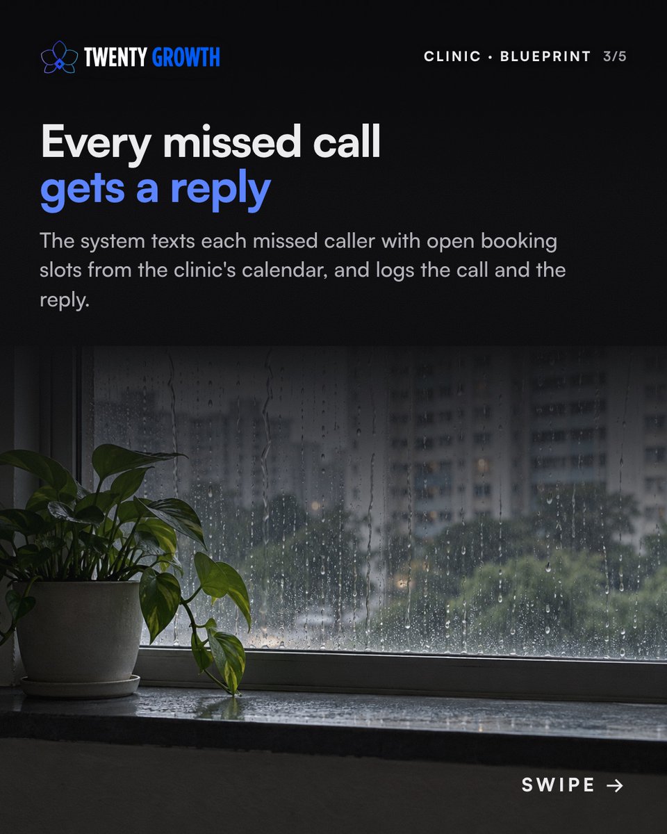 TwentyGrowth's tweet photo. How many calls did your clinic miss today? Staff are with patients, the caller hangs up and may book the next clinic.

Who calls back in your clinic: front desk or nobody?

We build systems like this for SMEs. https://t.co/Jn9cbUye73
#sme #smallbusiness https://t.co/2t9RwLx3FW