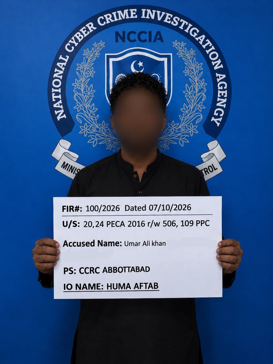 NCCIAOFFICIAL's tweet photo. NCCIA Abbottabad has arrested an accused allegedly involved in harassing, threatening and blackmailing a female complainant, a former colleague at a school, through WhatsApp.

The accused allegedly stole the complainant’s private data from her laptop and used it in connection with the alleged harassment and blackmail.

FIR has been registered under Sections 20 and 24 of PECA 2016, read with Sections 506 and 109 PPC. The arrest was made following an enquiry and examination of available digital evidence. Further legal proceedings are underway.

#NCCIA #NCCIAAbbottabad #CyberCrime #CyberHarassment #OnlineBlackmailing #DigitalSafety #Pakistan