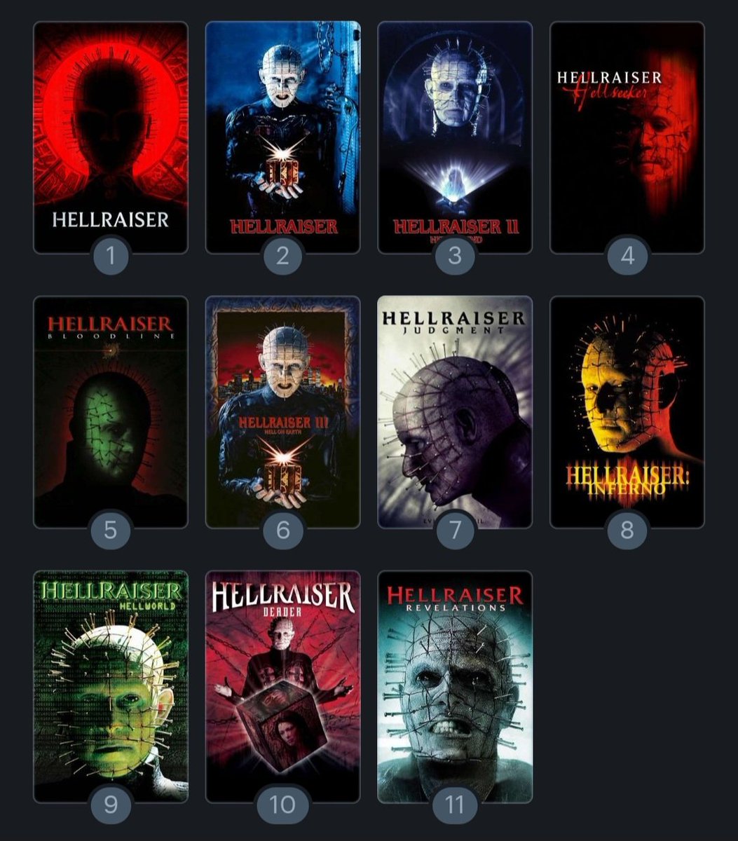 LothWolffe's tweet photo. Finished all 11 Hellraiser films, this is my final ranking. I enjoyed everything for the most part. Deader &amp; Revelations are the only times I legit got annoyed/bored. Really hope we'll get a sequel to the 2022 film, it moves the mythos &amp; themes forward in the perfect way. https://t.co/CAt9FNS4i1