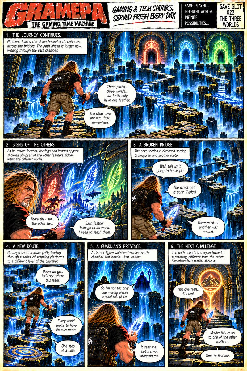 GramepaGaming's tweet photo. The Three Worlds _ Save Slot 23

See past episodes on the Gramepa website here:
https://t.co/Y9NWEvXnGf

Read more about Gramepa's Gaming Time Machine project here:
https://t.co/iATuYW8Jak

#comic #gamingcomic #aicomic #gaminghistory #gamercomic #dailycomic https://t.co/YuSZcF0YRy