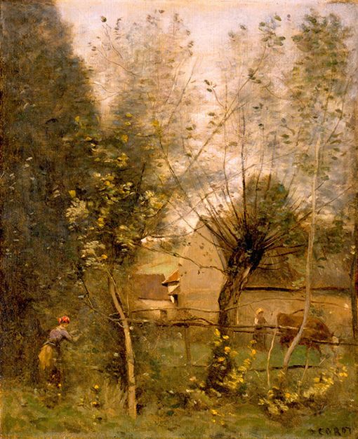 bijutsufan's tweet photo. ジャン＝バティスト・カミーユ・コロー『農場の風景』1865-1868年 ハイ美術館 https://t.co/YDV8zlH5WE