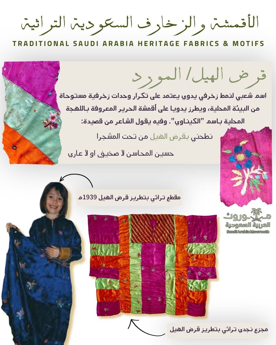 SaudiArabiaMW's tweet photo. يعد قرض الهيل أو المورد من المسميات الشعبية السعودية المرتبطة بأحد أنواع الأقمشة والزخارف التراثية، وقد ورد ذكرهما في العديد من القصائد السعودية الشعبية🇸🇦 https://t.co/sj5VAZWlvb