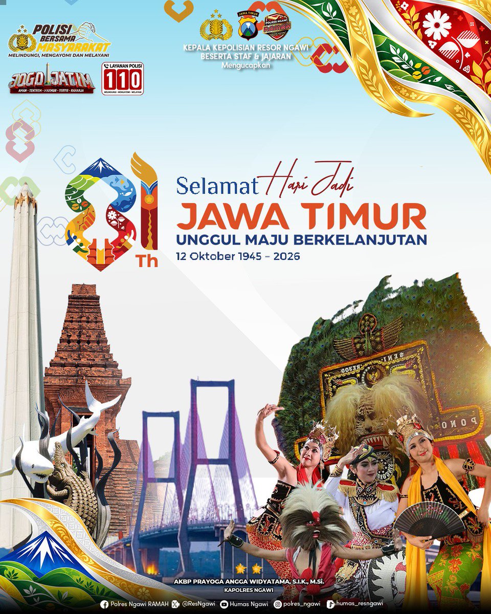 Polsek5758's tweet photo. Selamat Hari Jadi Jawa Timur ke-81 
Unggul Maju Berkelanjutan

12 Oktober 1945 - 2026
---------------------------------

#PolresNgawi #Polri #CallCenter110 #PolriBersamaMasyarakat #JogoJatim https://t.co/FxwVI5598u