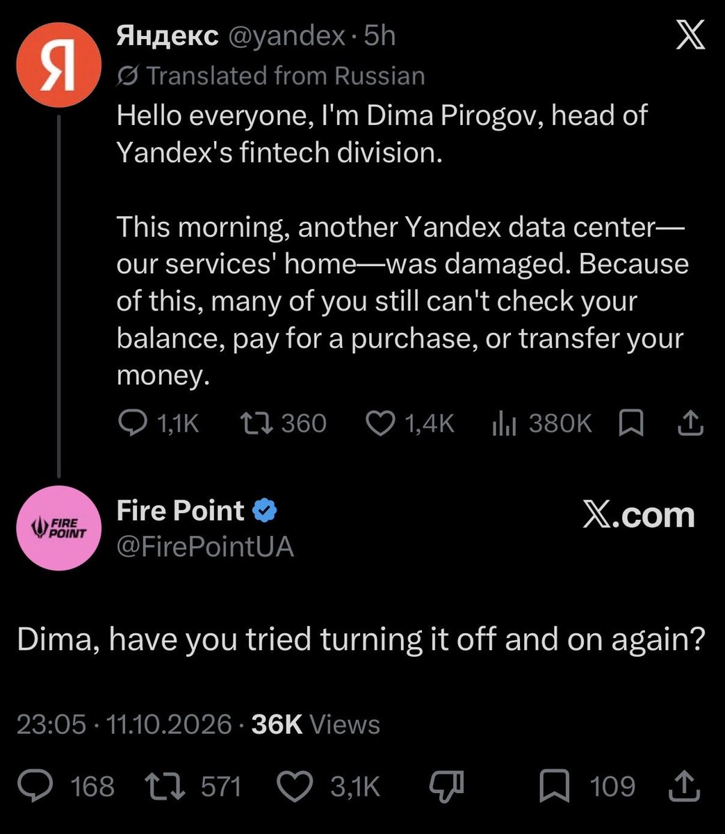 Bricktop_NAFO's tweet photo. LOooooooOoL

@FirePointUA trolling Russian Yandex after Ukrainian strikes with FirePoint Drones and Missiles on Russian Data centers. https://t.co/nchzXAVNpu