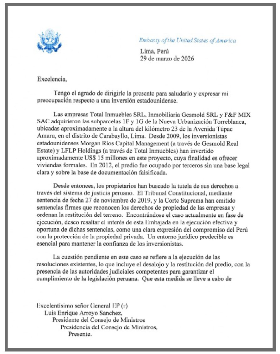 eloymarchan's tweet photo. Aquí la carta que el embajador Bernie Navarro envió a la PCM el 29 de marzo pidiendo desalojar a 420 familias de Carabayllo para que sus terrenos pasen a manos de empresas gringas. Es una clara intromisión extranjera. Ojo: las familias no son invasoras.
La historia en @ensustrece https://t.co/lPoVPWIP1W