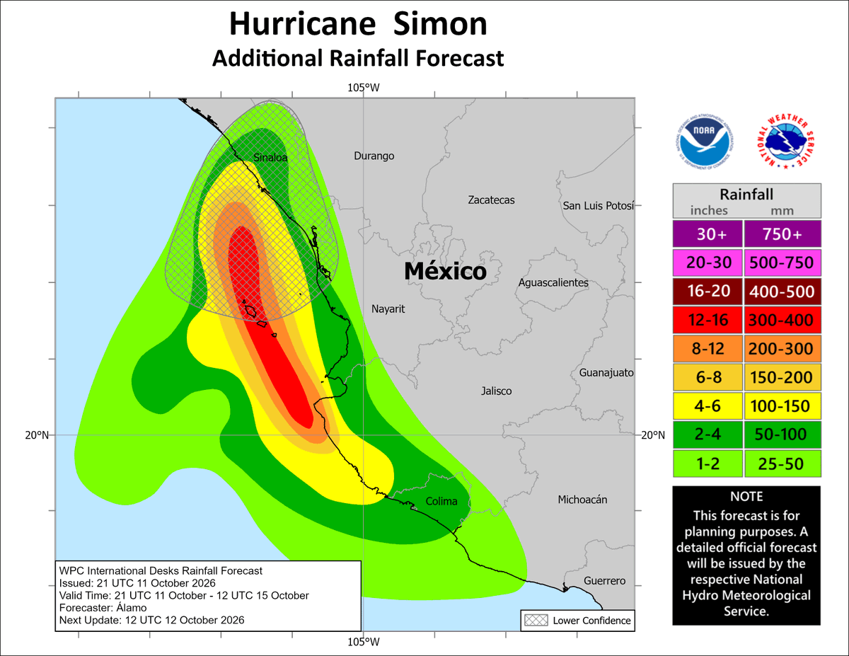 dosach87's tweet photo. #Simón aún es un huracán mayor, categoría 4, y está pronosticado que se debilitará desde mañana, tocando tierra en Sinaloa. 
Hasta ahora, el pronóstico de precipitación indica que se acumularán hasta 50 mm. Habría que volver a checar el pronóstico el día martes 13 #Cuidate https://t.co/vem8UFdgKX