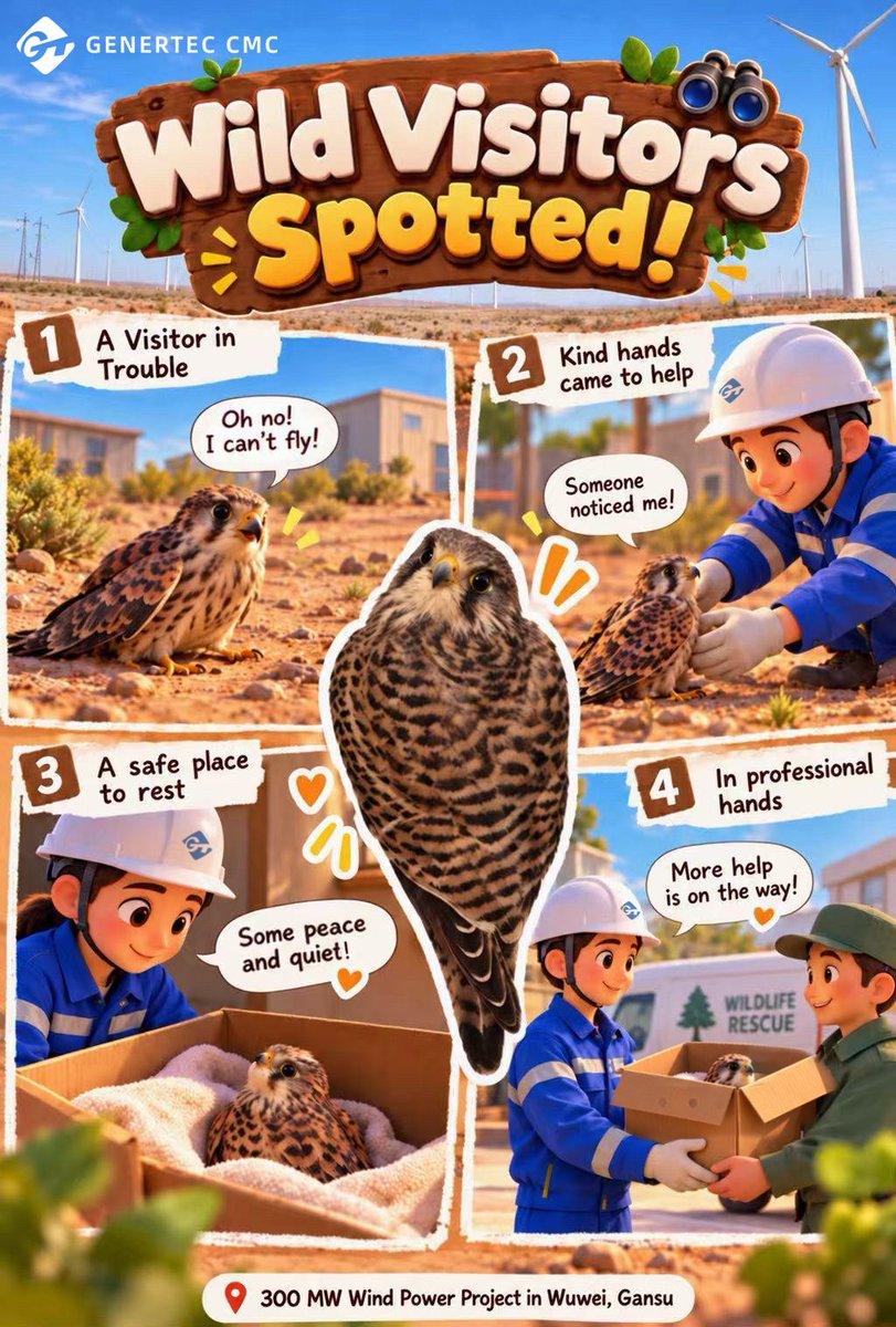 GenertecCMC's tweet photo. 🌙 An ordinary evening, a heartwarming encounter. When an injured common kestrel—a bird made for the open sky—was found at the 300 MW Wind Power Project in Wuwei, Gansu, its story became the first installment of our “Wild Visitors Spotted” series. https://t.co/q0F3Lmts1M